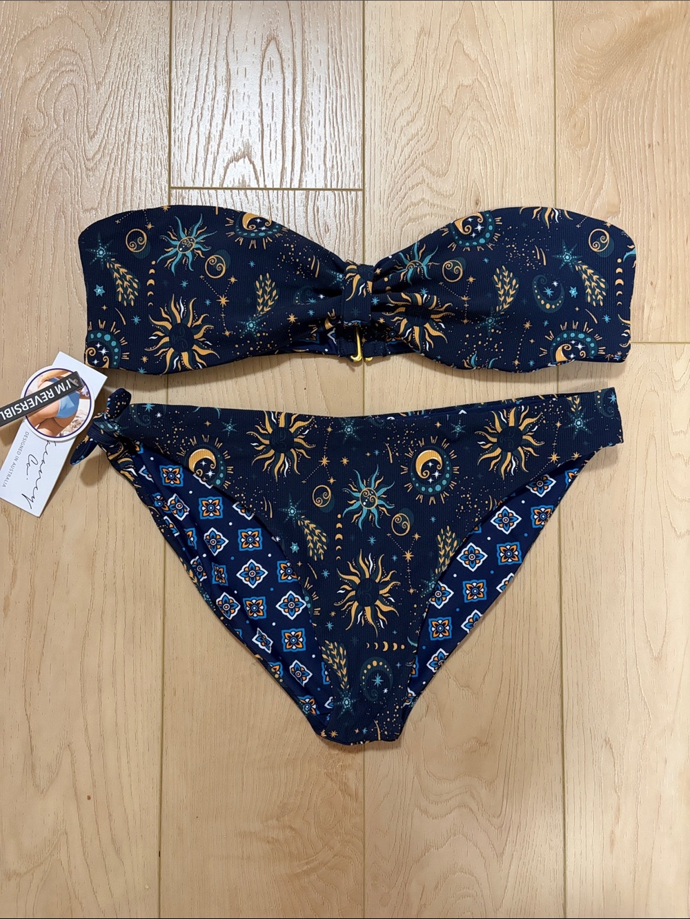 Vacancy Co Reversible Bandeau Bikini, Celestial & Tile Print, sz L